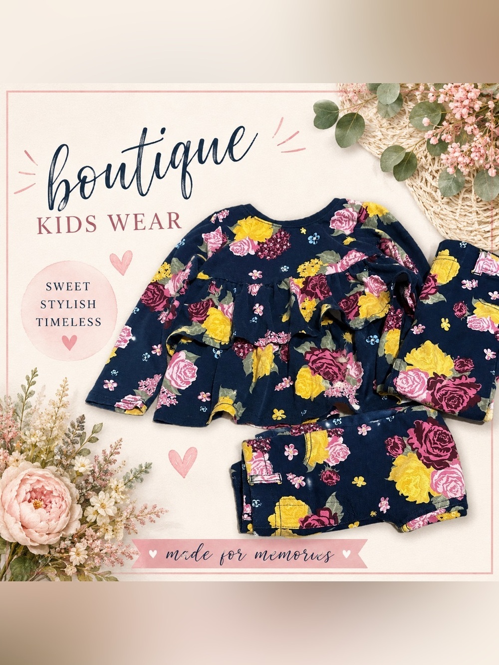 Girls 3T Floral Ruffle Peplum Top & Leggings 2-Piece Outfit Set Navy Pink Yellow
